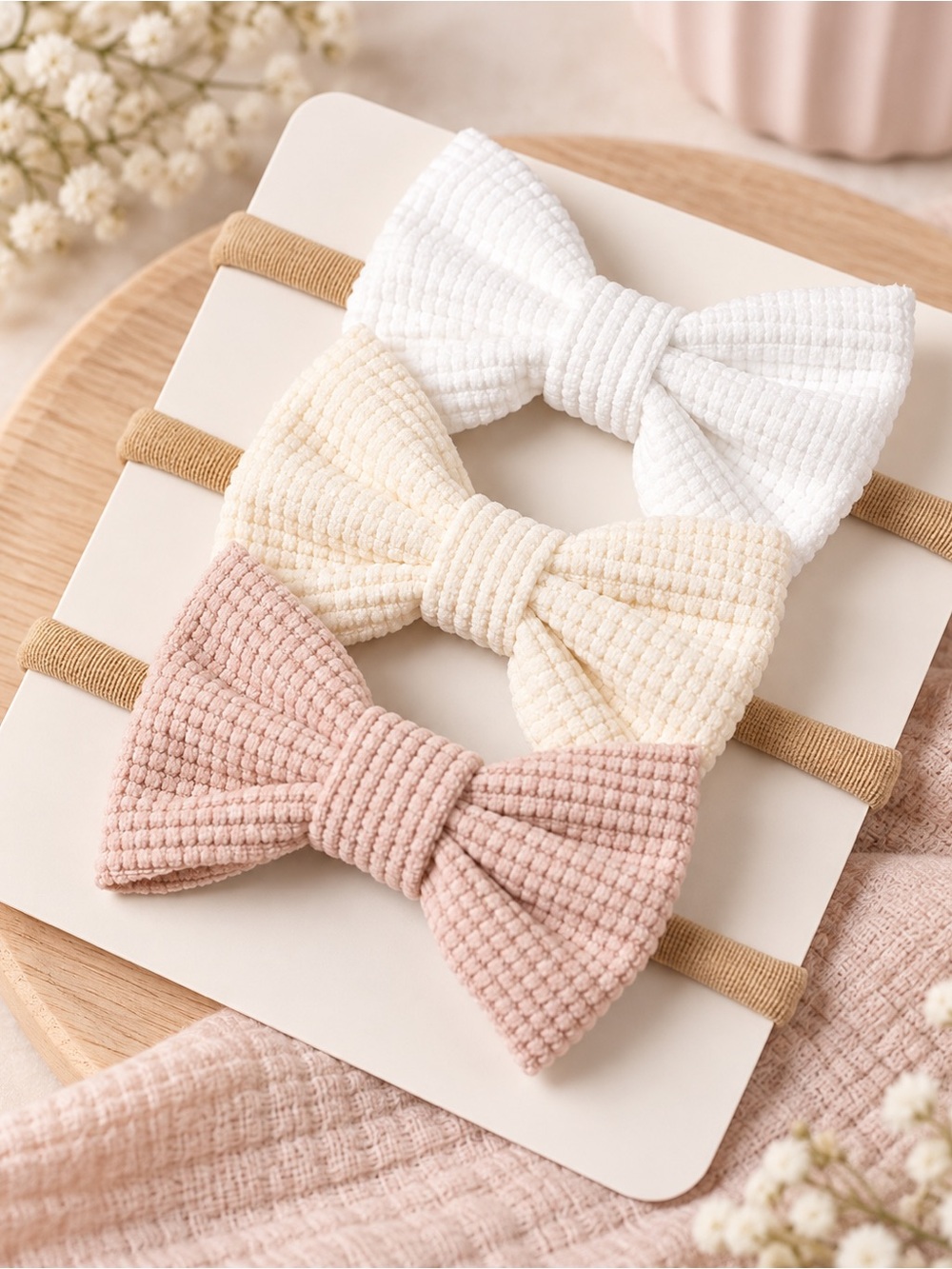 Kids Ribbed Bow Headband Set - White, Cream & Pink